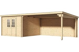 Woodtex Holz Gartenhaus Blockbohlenhaus CA2978 | Wandstärke 28 mm | Naturbelassen | Mit 4 m Anbau | B x T x H: 696 x 309 x 203 cm | Inkl. 4 m Anbau | Mit Rückwand | Doppeltür Mit Echtglas