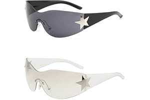 Taekooki 2 Stück Y2K Wraparound Sonnenbrille, Punk Randlose Brille für Damen Herren, Mit Sternform-Tag, für den Außenbereich,