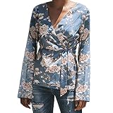 iHENGH Neujahrs Karnevalsaktion Damen Frühling Sommer Top Bluse Bequem Lässig Mode Frauen Blusen Casual V Ausschnitt Floral Bedruckte Lange Ärmel Seitenbandage Tops Bluse