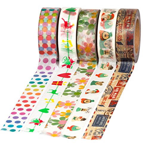 5 Rollen Washi Tape (je 10m) - Papier Dekroband von Washati® (regenbogen dots-Weihnacht-Blumen-Schneemann-Airmail)
