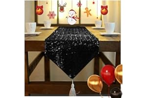 ShinyBeauty Shimmer Black-Sequin Table Runner Tassel-30x180cm, Glitter Round Sequins Fabric for Table Runners in Party Wedding Banquet Table Linen Layout or Decoration 12x72 inches (12x72-Inch, Black)