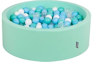 KiddyMoon OK30D-166 Bällebad 90X30cm/300 Bälle ∅ 7Cm Bällepool Mit Bunten Bällen Für Babys Kinder Rund, Mint:Helltürkis-Weiß-Transparent-Baby Blau