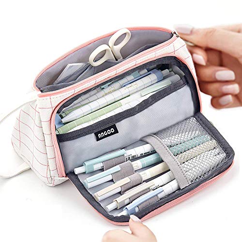 Multifuncional Estuche de lápices de Gran Capacidad Bolsa de Lona Premium Bolsa de lápiz Organizador de papelería para niña?Blanco a cuadros?