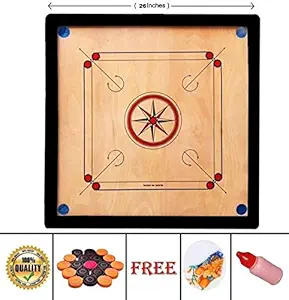Indosky 26 Inch Wood Round Pocket Carrom Board with Coins, Striker, and Powder ,