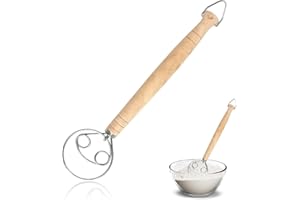 DORART HOME Batidora Danesa Manual, Amasadora de Masa Herramienta Atidora Danés Grande de Madera 2 Anillo de Acero Inoxidable con Gancho Batidor de Pan Holandés Tradicional para Hornear Pan Masa Galletas Pizza
