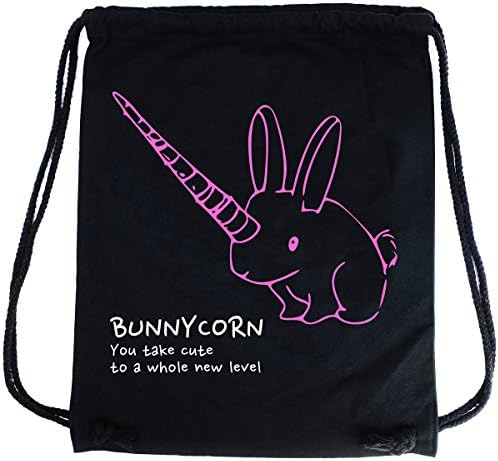 PREMYO Cotton Drawstring Gym Bag Backpack Quote Print Bunnycorn Canvas Rucksack for School Sports Travel Women Children Birthday Present Black