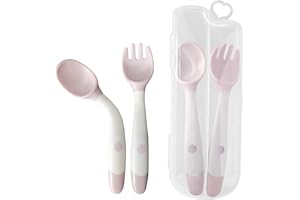 PENUSPT Baby Fork and Spoon Set, 360°Bendable Self Feeding Utensil Raise Learning Cutlery Kit Soft Tableware Gift with Carry Case BPA-Free for Infant Toddler Children Kids First Led Training (1 Pair) (Pink)