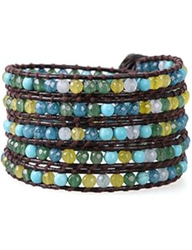 KELITCH Bunt Gelb Blau Grün Achat und Blau Türkis Stein Perlen 5-Reihig Wickelarmband Dunkel Braun Leder Armbänder