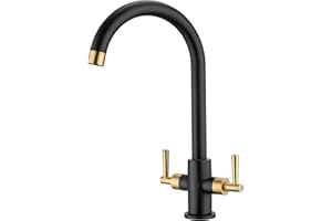 Peppermint Kitchen Tap Dual Lever Monobloc Kitchen Mixer Taps 1 Hole Matt Black and Brushed Gold Sink Taps for Kitchens Twin Lever Swan Neck Sink Mixer Tap