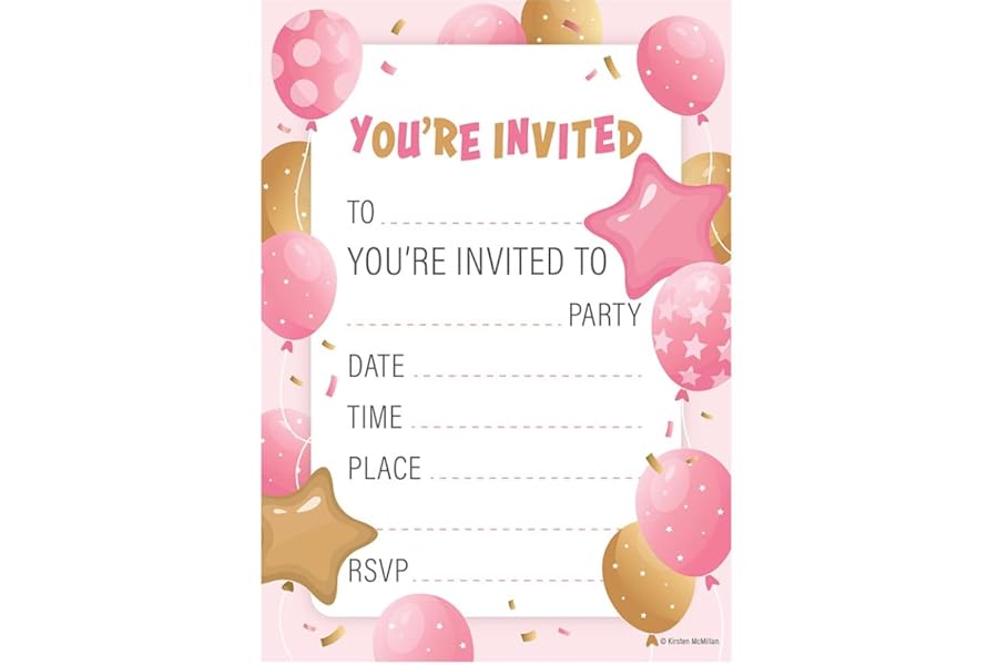 Kirsten McMillan 32 Rose Golden Birthday Party Invitations for Kids with Envelopes - Pack of 32 Balloon Party Invites for Girls & Boys - Designed and Printed in the UK