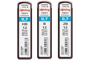 Rotring Lot de 12 mines Tikky Hi-Polymer 0,7 mm, B, HB, 2B (12 pièces)