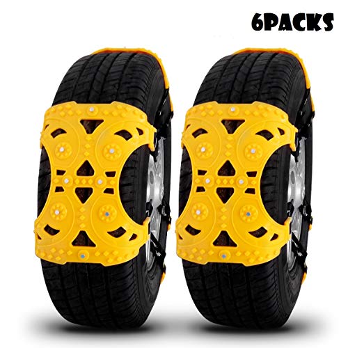 Qomolo Catene da Neve Auto 6pcs Fasce per Neve Catena Antiscivolo per Auto Camion SUV con Guanti e Attrezzo di Montaggio Misura Larghezza Pneumatici 165 mm-275 mm Giallo