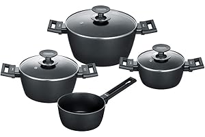Berndes Lot de 4 casseroles en aluminium avec couvercle en verre antiadhésif et compatible tous feux à induction, cocottes en fonte d'aluminium avec revêtement anti-adhésif Noir