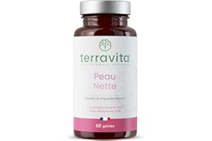 PEAU NETTE | Action Détox Anti Acné & Points Noirs | Zinc Bisglycinate 15mg + Bardane + Biotine + Propolis | Régule la Production de Sébum | Anti-imperfections | 60 Gélules Made in France | Terravita