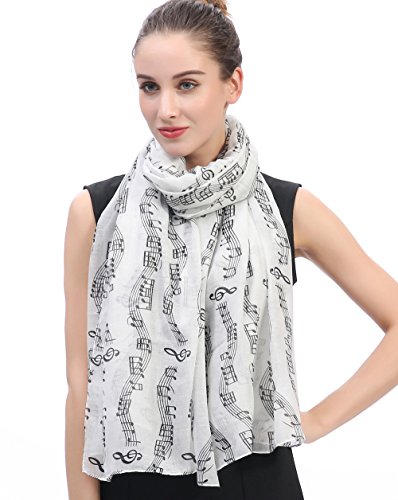Lina & Lily Écharpe Foulard pour Femme Imprimé Note de Musique (Blanc)