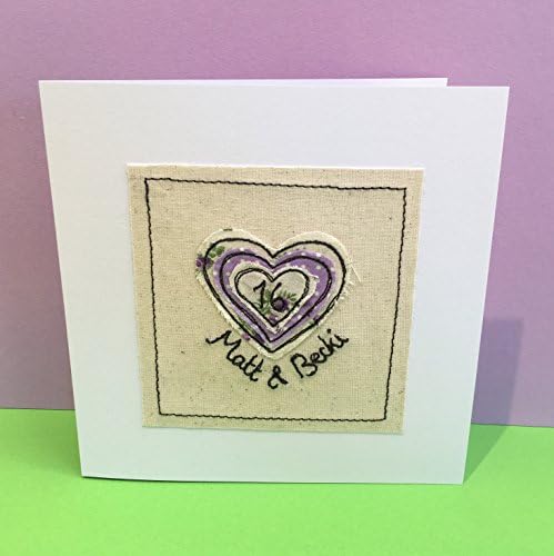 Personalised Wedding Anniversary Card with Embroidered Heart 1st, 25th, 10th, 35th, 40th, 50th - Cotton - Handmade Greeting Card