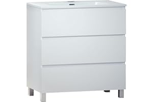 BAIKAL Conjunto de Mueble de Baño LESI. Compuesto por Mueble con Patas y Lavabo Cerámico. Tres Cajones. Melamina 16mm. Mueble MONTADO. Fondo 46cm 70 cm Blanco Mate