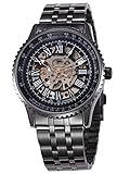 Alienwork Herren Damen mechanische Automatik-Uhr schwarz mit Edelstahl Metallarmband Skelett