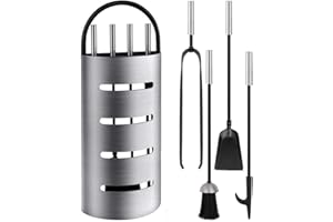 AMAGABELI GARDEN HOME Amagabeli 21.3"(54cm) 4 Teiliges Kaminbesteck Schwerlast Kamin Werkzeuge Set Silber Schmiedeeisen Kamin Kamingarnitur Kamin Eisenblockhalter Feuerstelle Lienbacher Kaminofen Besteck Feuer Zange