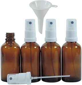 Viva Haushaltswaren - 4 x Apotheker-Spr&uuml;hflasche 50 ml aus Braunglas, kleine Glasflaschen mit Zerst&auml;ubereffekt - Made in Germany &amp; BPA frei (inkl. einem Trichter &Oslash; 5 cm)