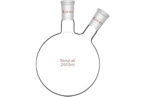 StonyLab Borosilicate Glass 2 Neck Round Bottom Flask RBF, with 24/40 Center and Side Standard Taper Outer Joint - 2L (2000ml)