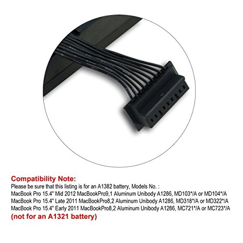 Lizone® Ultra Hochleistung Notebook Laptop Batterie Akku für Apple MacBook Pro 15.4″ A1382 A1286 Core i7 (Early 2011 Late 2011 Mid 2012) MC721 MC723 MD318 MD103 MD322 MD104 661-5211 661-5476 Laptop Batterie Akku 10.95V/65.5Wh - 6