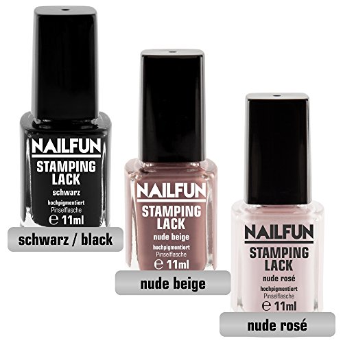 Stamping Set ELEGANCE – Clear Jelly Stamper transparent + Scrapper + Stampinglack schwarz 11ml + Stamping-Lack nude-rose 11ml + Stamping Lack nude beige 11ml + KONAD Stamping Schablone M65 + KONAD Stampingschablone M77 - 5