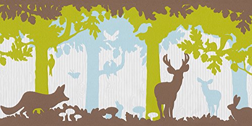 A.S. Création Bordüre Key to Fairyland Vlies Tiere im Wald 5,00 m x 0,26 m blau braun grün Made in Germany 131225 1312-25