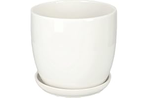 KOTARBAU® Macetero con Plato de Ceramica esmaltada, 20 cm, Maceta para Interiores y Exteriores, Tiesto Decorativo para Plantas, Blanco, con Plato y Orificio de Drenaje