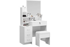 ‎DRIPEX Dripex Schminktisch Frisiertisch mit Spiegel Hocker, Kosmetiktisch mit 4 Schubladen und offenen Fächern Frisierkommode, Weiß