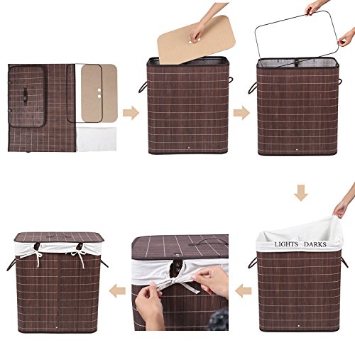 Femor Faltbar Wäschesammler Bambus Leinen 100L – 54x33x59.5 cm Wäschekorb Wäschebox Wäschetruhe mit Deckel&Wäschesack (Braun) - 6