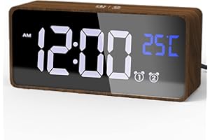 aboveClock Horloge Digitale, Réveil Numérique, Reveil Bois avec Grand Affichage de la Température LED, Reveil Matin avec Double Alarme, 12/24 HR, Snooze, 4 Luminosité, 13 Musique, Port de Charge USB-C