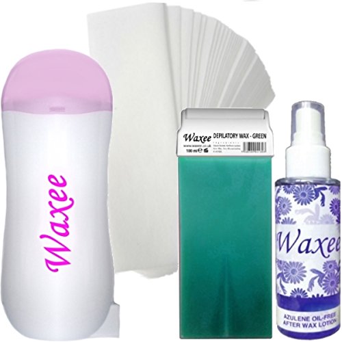 Waxee COMPLETE roll on waxing kit: 100ml roller wax, heater, strips, after wax oil HOT (GREEN)