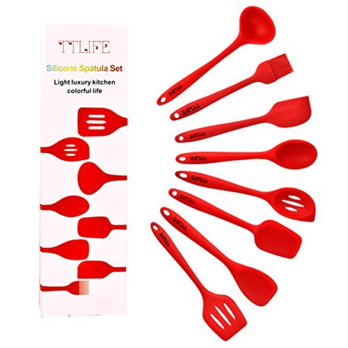TTLIFE Silikon Küchenhelfer Set von 8 Stücke– Hitzebeständige Pfannenwender Turner, Schaumlöffel , Schöpfkelle , Löffel, Löffel Spatel, Spoonula, Küchenspatel, Basting Pinsel– Perfekt zum Kochen und Backen, Küchenzubehör, Rot - 9