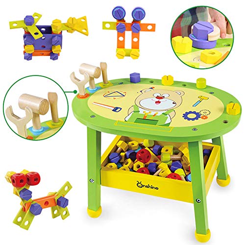 Onshine Établi en Bois pour Enfants Bloc de Construction Bricolage Jeux Jeu d'Imitation Boîte à Outils avec Accessoires Cadeau Enfants 3 4 5 6 Ans Filles Garçons
