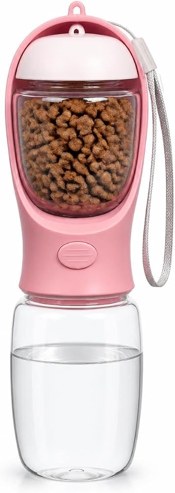 Busstier Taşınabilir Köpek ve Kedi Su ve Mama Kabı, Seyahat ve Yürüyüş İçin 2 Bölmeli Evcil Hayvan Su Şişesi ve Mama Haznesi, 350 ml, Pembe