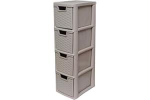 KYY'Z KYY’Z 4 Drawer Storage Unit Rattan Effect A5 Medium Plastic Storage Drawer Unit 4 Tier Storage Cabinet Chest Tower Home Kitchen Office School Garage Living (Rattan Mushroom, 4 Drawers Medium)