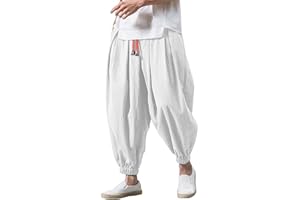 BIISDOST Pantaloni baggy da uomo, in stile harem/giapponese, in cotone e lino, con elastico in vita, pantaloni casual per tempo libero, casa, yoga, lunghi, traspiranti, ampi, disponibili in taglie forti.