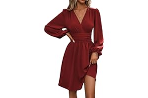 Vangreynve Damen Minikleid V-Ausschnitt A-Linie Kleider Elegant Hohe Taille Langarm Freizeitkleid