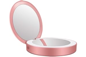 AOOPOO Specchio LED per Trucco, Rotondo Portatile Trucco Specchio da Trucco Pieghevole Tascabile Power Bank con Batteria 3000mAh, Specchio di Bellezza 9 * 9 * 2cm per Ufficio Shopping Viaggio (Rosa)