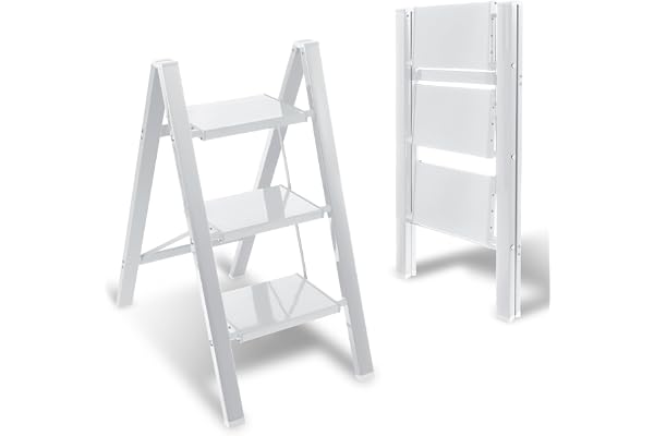 Eulenke 3-stegs stege, trappstege, hopfällbar stege, aluminium lätta stege, bärbar hopfällbar trappa, med antislida breda pedal, för hushåll, kontor, kök, bärkraft upp till 150 kg, silverfärgad