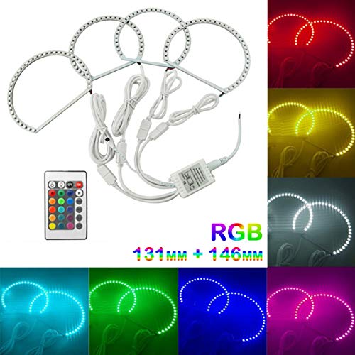 VIGORFLYRUN PARTS LTD 4pcs RGB LED Angel Eyes Lampe Phare avec Halo Ring Télécommande Kit DRL pour E36 E38 E39 E46, 2X 146mm+2X 131mm Multi-Color 5050 Flash LED