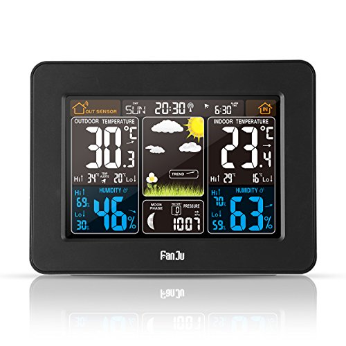 FanJu FJ3365 Wetterstation Color mit Weckfunktion und Temperatur / Feuchte / Barometer / Wecker / Mondphase / Atomuhr mit Außensensor (Schwarz)