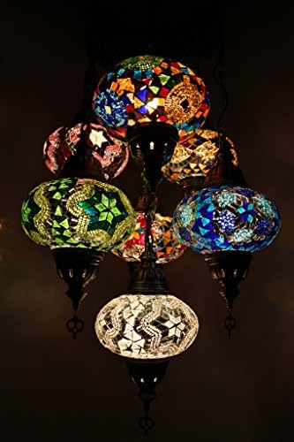 Multicolor Handmade Turkish Moroccan Style Mosaic Hanging Lamp Chandelier with 7 Large Size Globes