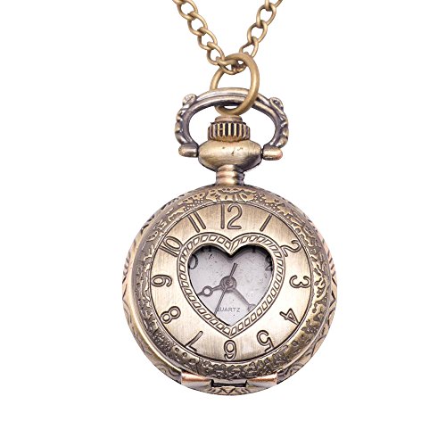 Womens Analogue Quartz Vintage Style Love Heart Pocket Watch Brass