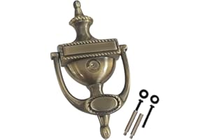 QCAA Aldaba de puerta de latón macizo, tipo de cuerda victoriana, 7-3/8 pulgadas, con visor de puerta de lente de vidrio de 160 grados (listado UL), latón antiguo, 1 paquete, hecho en Taiwán