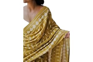 Jaanvi fashion Handicrafts Women's Ikat Block Print Cotton Mulmul Saree with Unstitched Blouse Piece