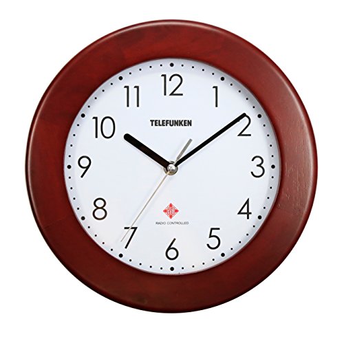 TELEFUNKEN FWU-28-H (W), Funk-Wanduhr mit hochwertigem Echtholz-Rahmen in Nussbaumoptik, 28cm, Holz Holzwanduhr braun analog