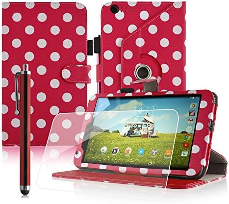 Casezilla 360 Rotating Tesco Hudl 2 8.3 inch (2014 Version) Multi-Function Red White Polka Dots Leather Case / Typing &amp; Viewing Stand / Flip Case &amp; Screen Protector &amp; Stylus