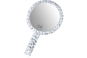 YEAKE Handspiegel, doppelseitiger Handspiegel, 1 x / 5-fache Vergrößerung, mit Griff, Griff, Make-up-Spiegel, Acryl, 15,5 cm B x 25,4 cm L, abgerundete Form, transparent, 1 Stück